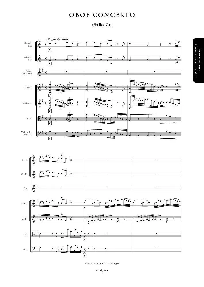 Artaria Hofmann Oboenkonzert G-Dur Badley G1 Notenausgabe