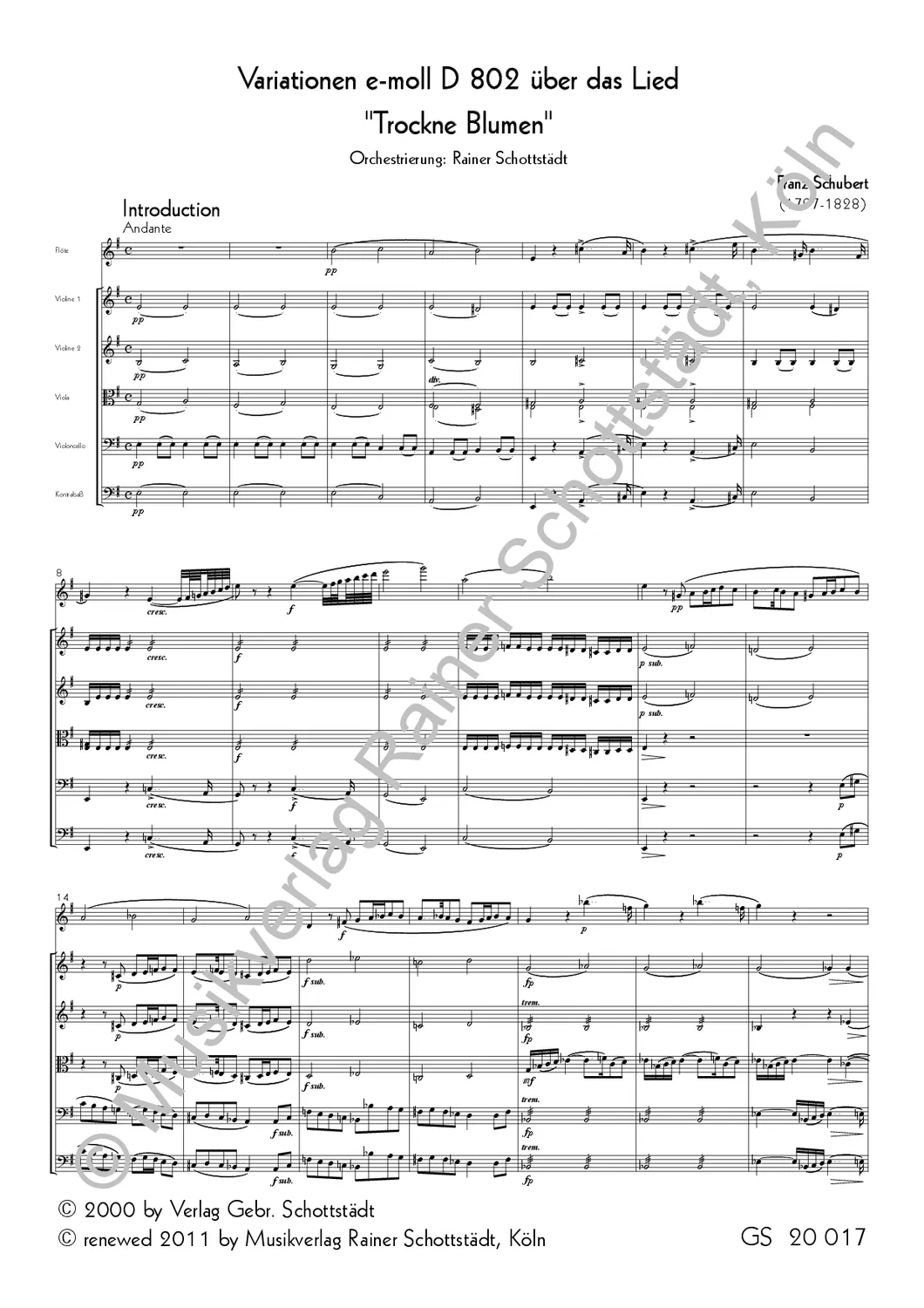 Musikverlag Rainer Schottstädt Variationen e-moll D 802 Noten Flöte