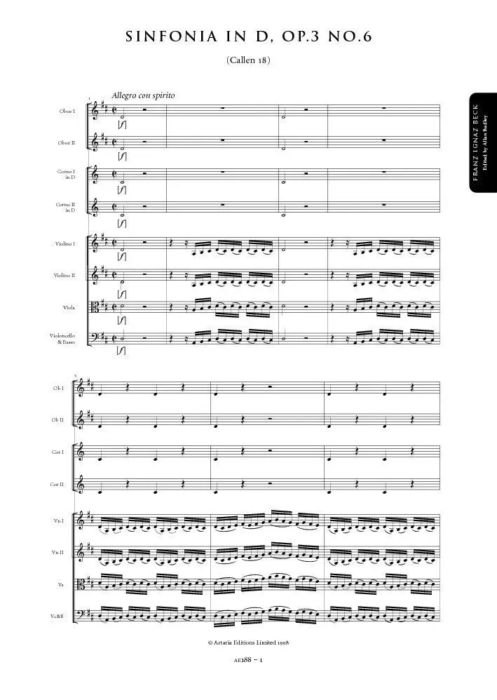 Artaria Beck Sinfonie D-Dur op. 3 Nr. 6 Callen 18 AE188 Noten Orchester