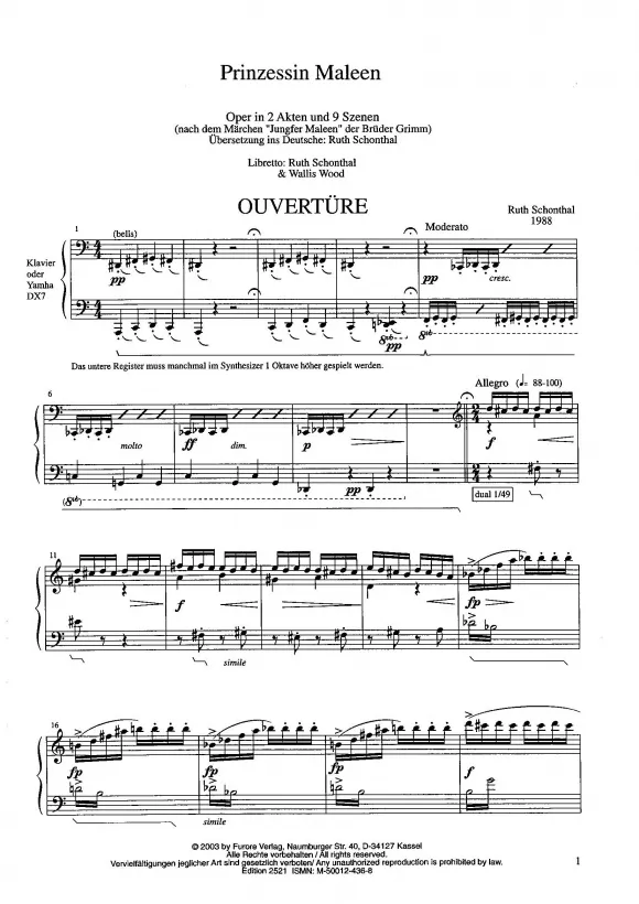Furore Edition Prinzessin Maleen Oper Klavierauszug deutsch