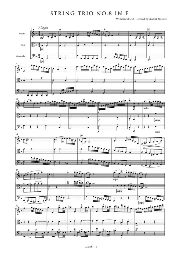 Artaria Shield Streichtrio Nr. 8 F-Dur AE428 Partitur und Stimmen