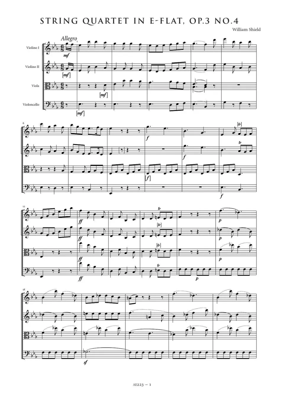 Artaria Shield Streichquartett Op.3 Nr.4 Es-Dur Noten