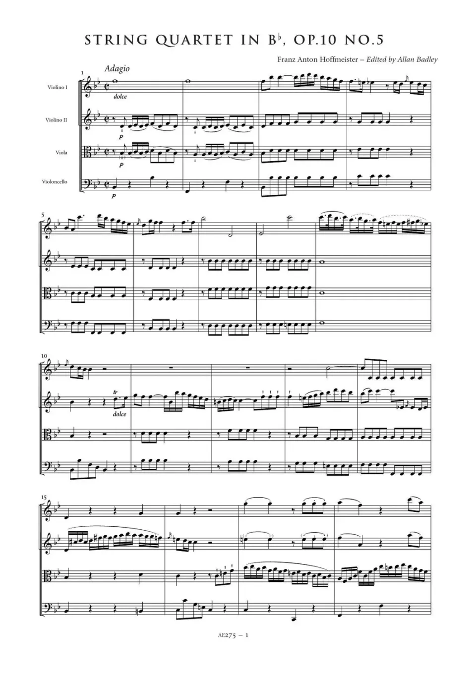 Artaria Hoffmeister String Quartet in B flat major Op. 10 No. 5 Streichquartett