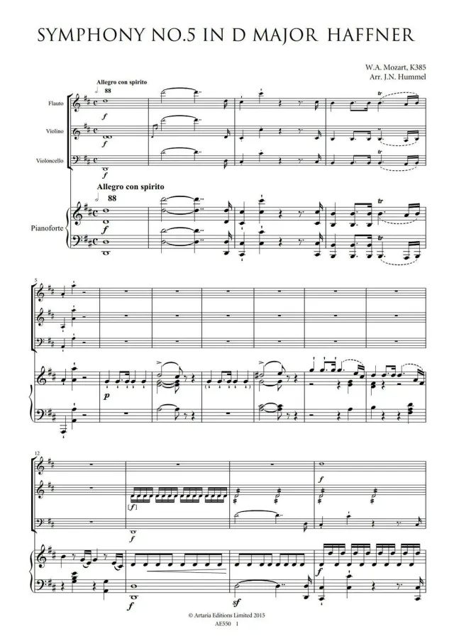 Artaria Hummel Mozarts Haffner-Sinfonie K.385 Kammermusik
