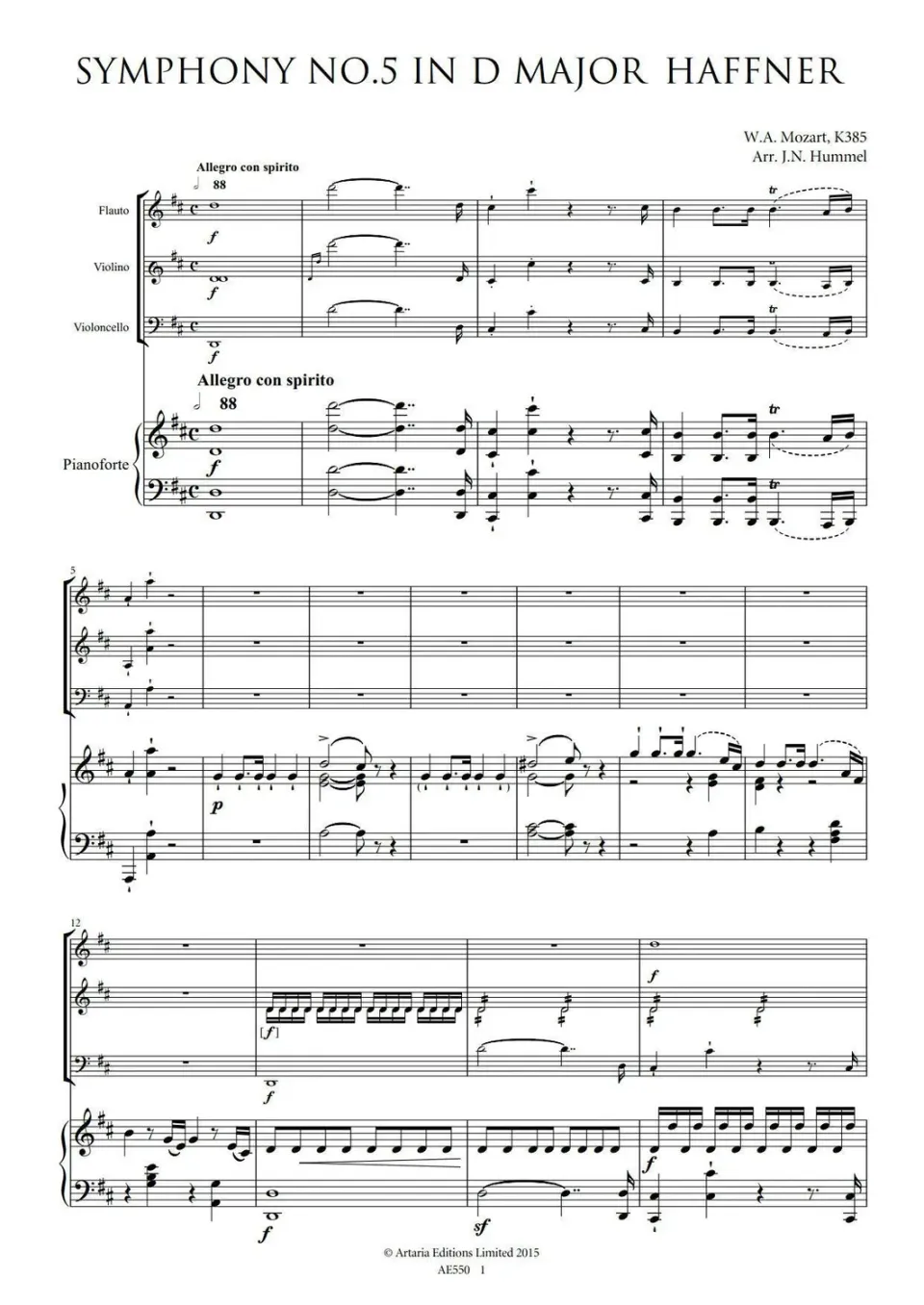 Artaria Hummel Mozarts Haffner-Sinfonie K.385 Kammermusik