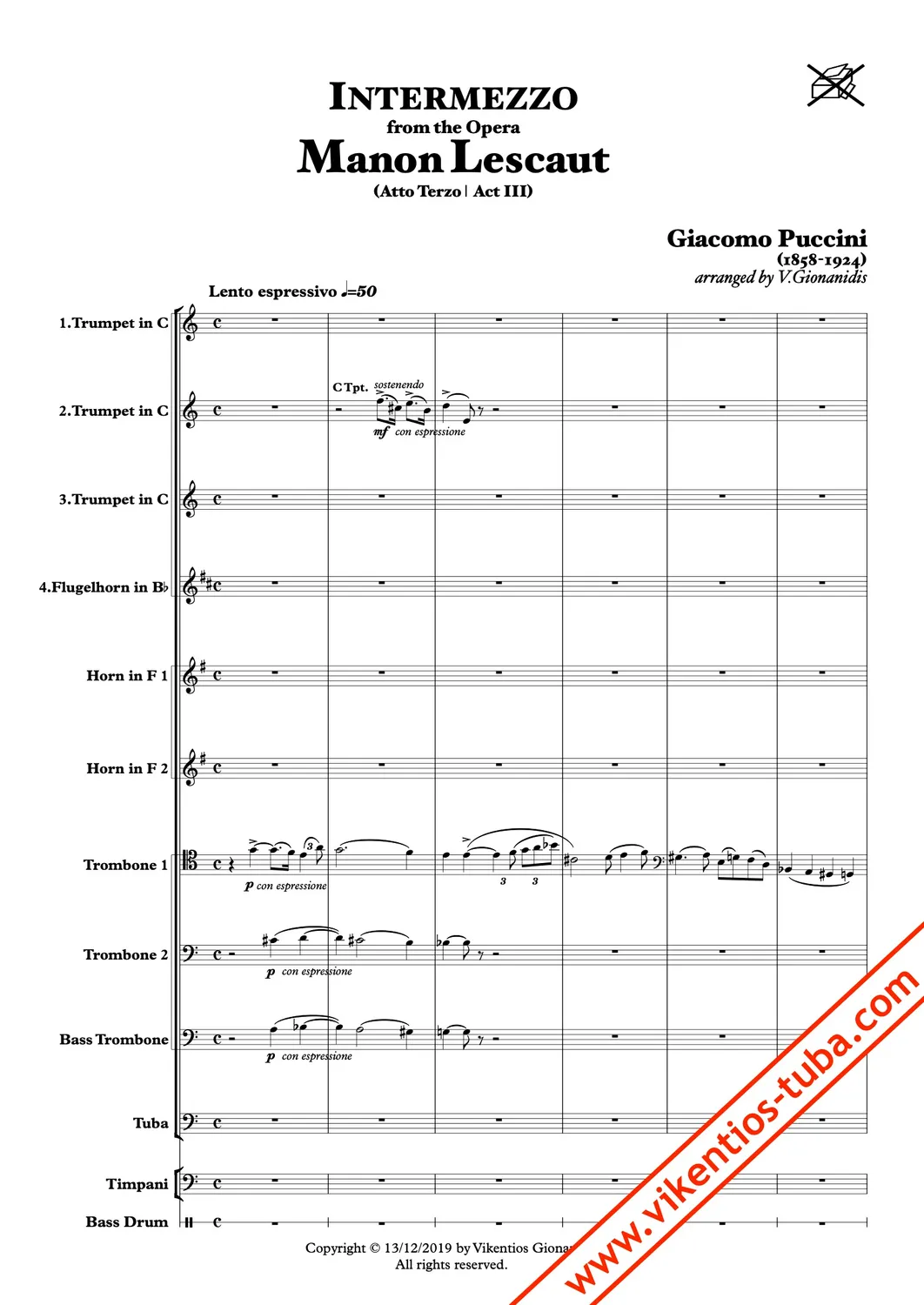 Vikentios Gionanidis Puccini Manon Lescaut Intermezzo Noten Blech