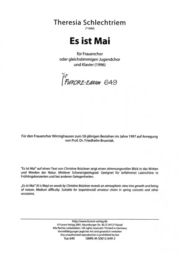 Furore Edition Es ist Mai Frauenchor-Partitur