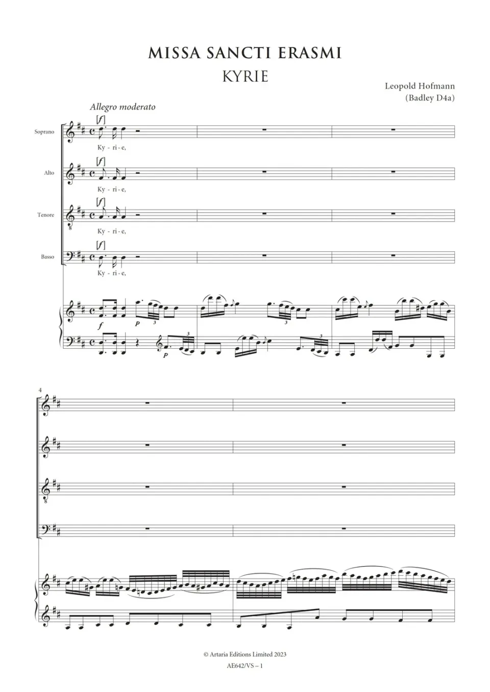 Artaria Hofmann Missa Sancti Erasmi (Badley D4a)