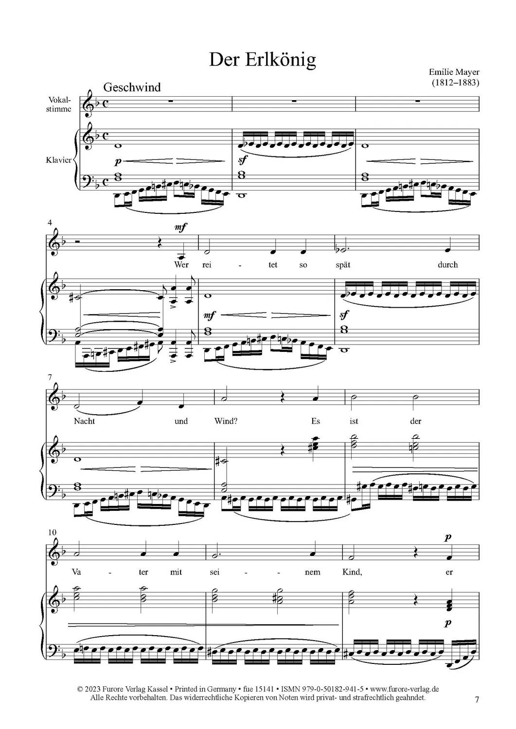 Furore Edition Der Erlkönig Gesang Klavier Noten Goethe