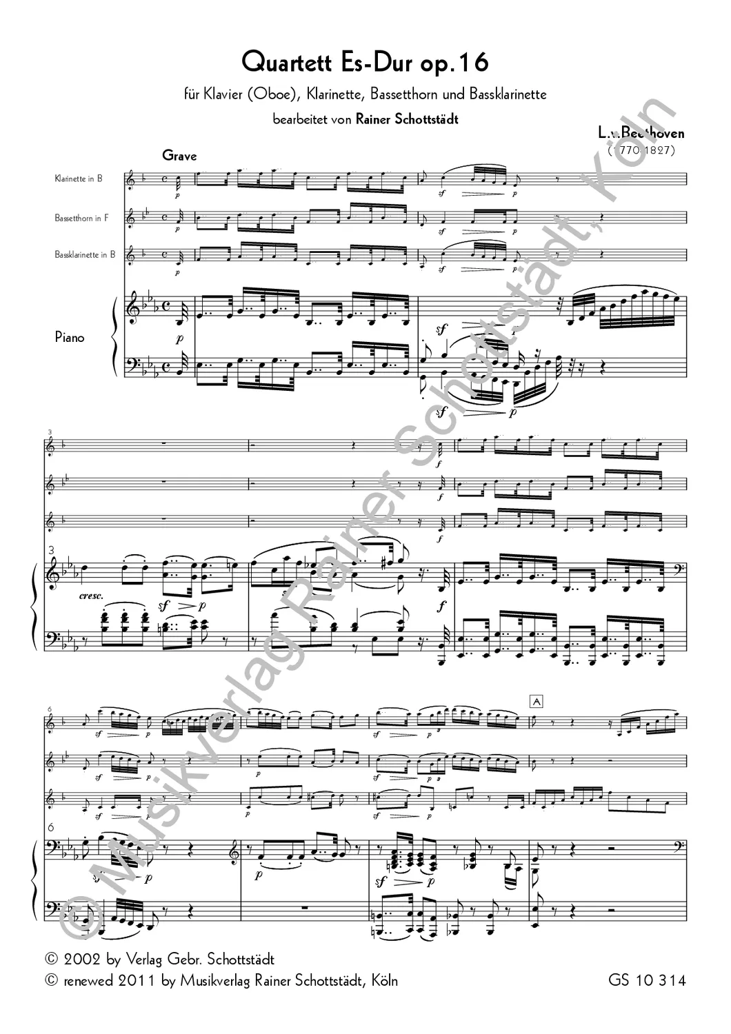 Musikverlag Rainer Schottstädt Klavierquartett Es-dur op.16 Noten Cl Bh Bcl Klavier