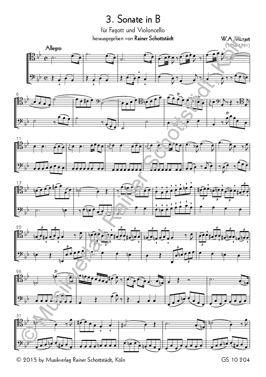 Musikverlag Rainer Schottstädt 3. Sonate in B Noten für Fagott Cello