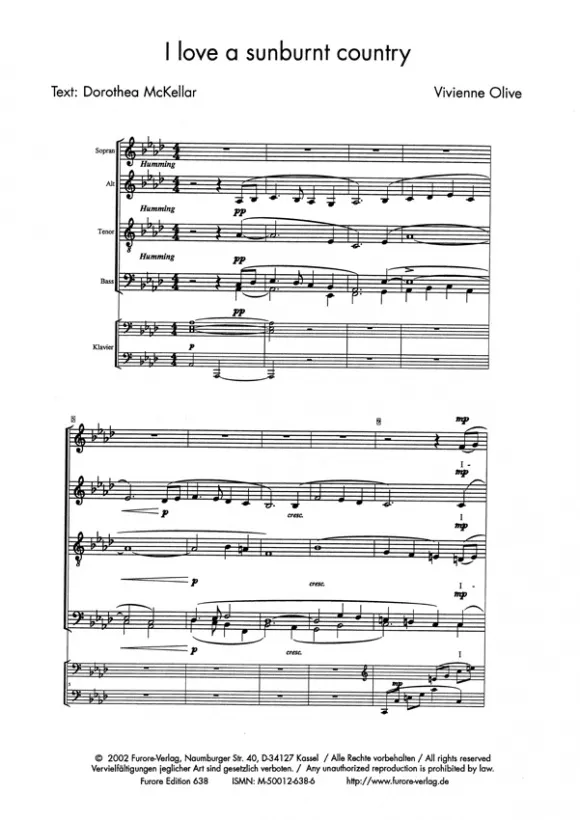 Furore Edition I love a sunburnt country Chorpartitur SATB Klavier