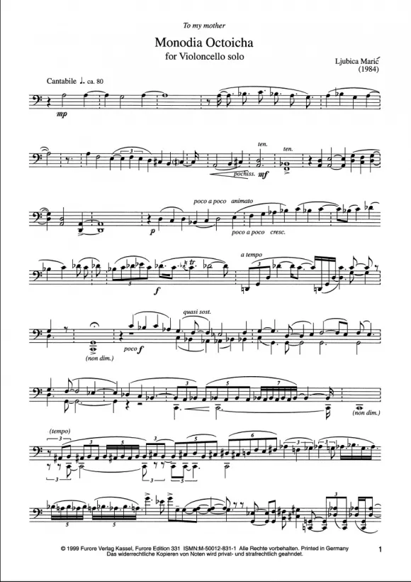 Furore Edition Monodia Octoicha Partitur für Violoncello solo