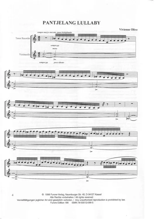 Furore Edition Pantjelang Lullaby Noten Blockflöte Cello