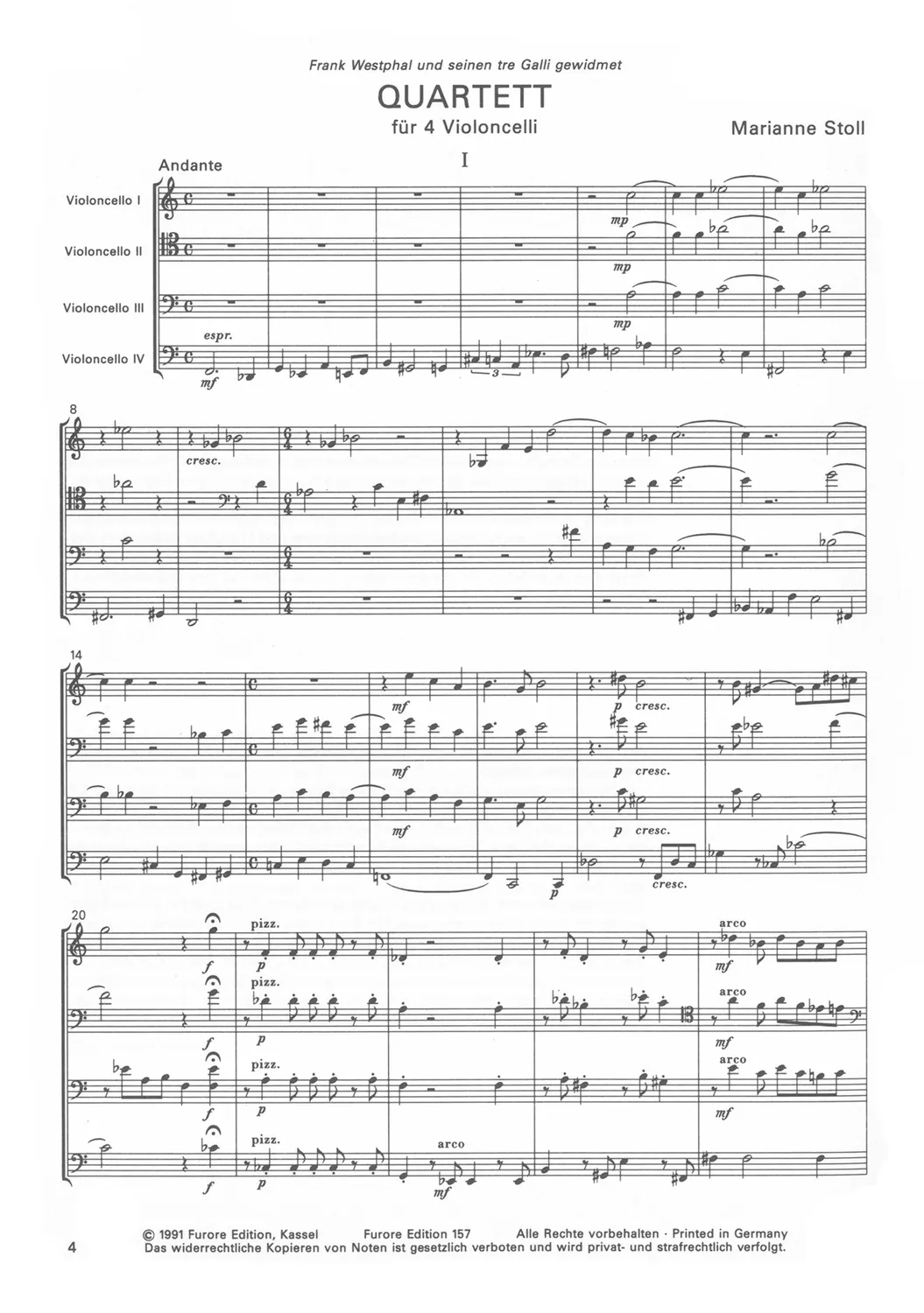 Furore Edition Quartett für 4 Violoncelli Taschenpartitur