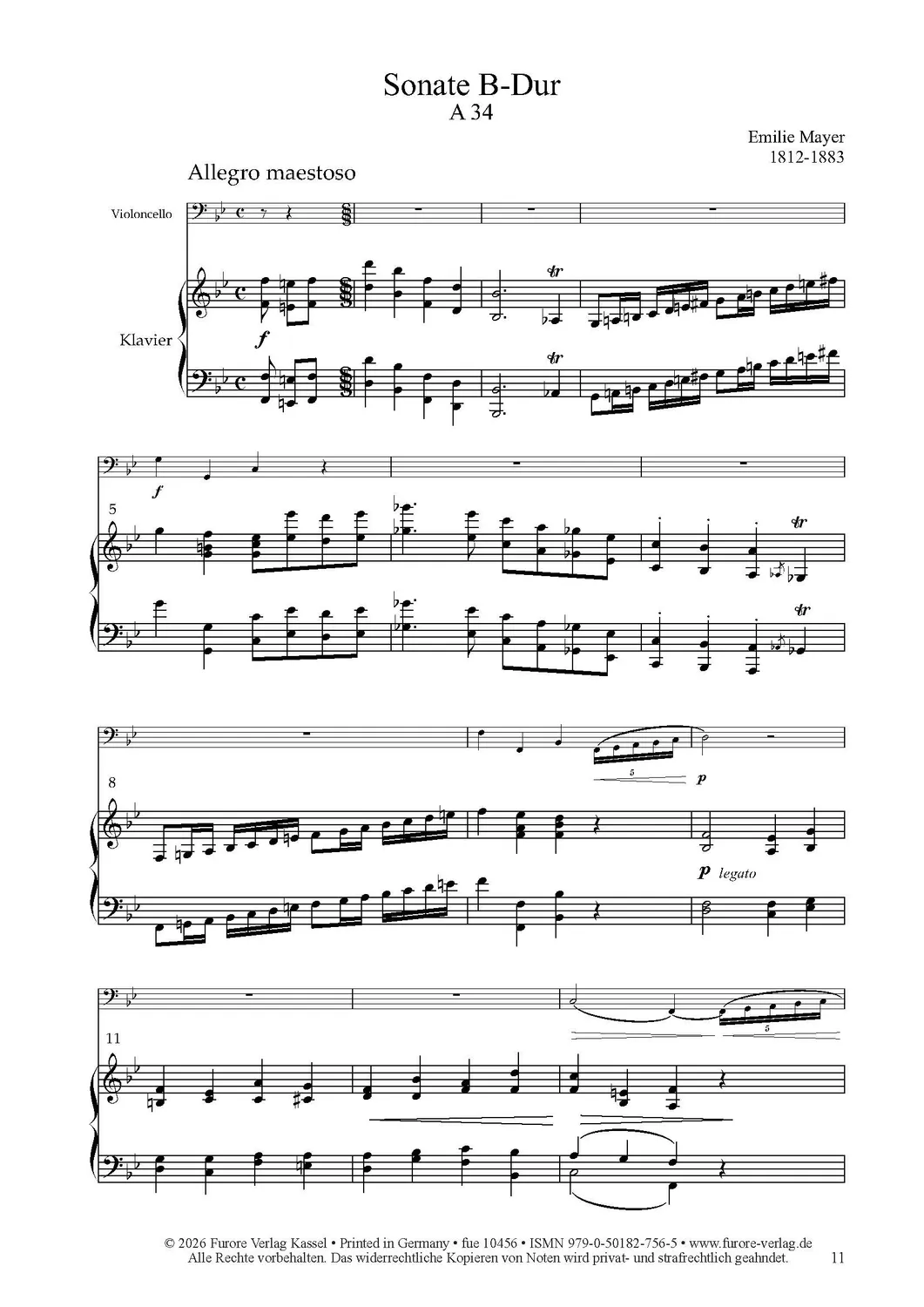 Furore Edition Sonate B-Dur Noten Klavier Violoncello