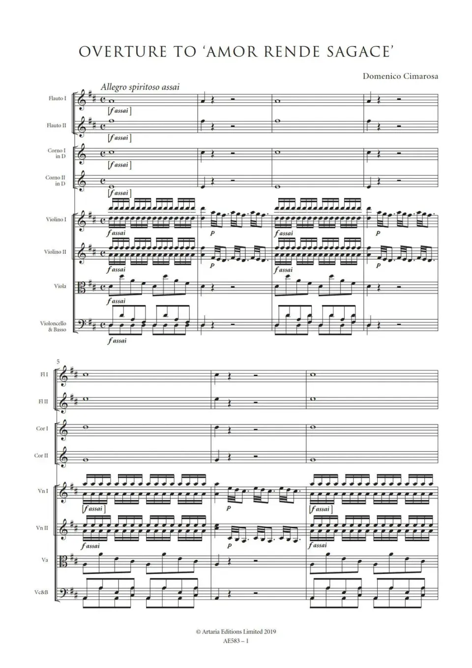 Artaria Cimarosa Overture to 'Amor rende sagace' Partitur