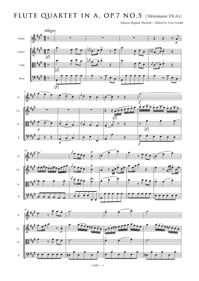 Artaria Wanhal Flötenquartett A-Dur Weinmann A1 AE382 Noten