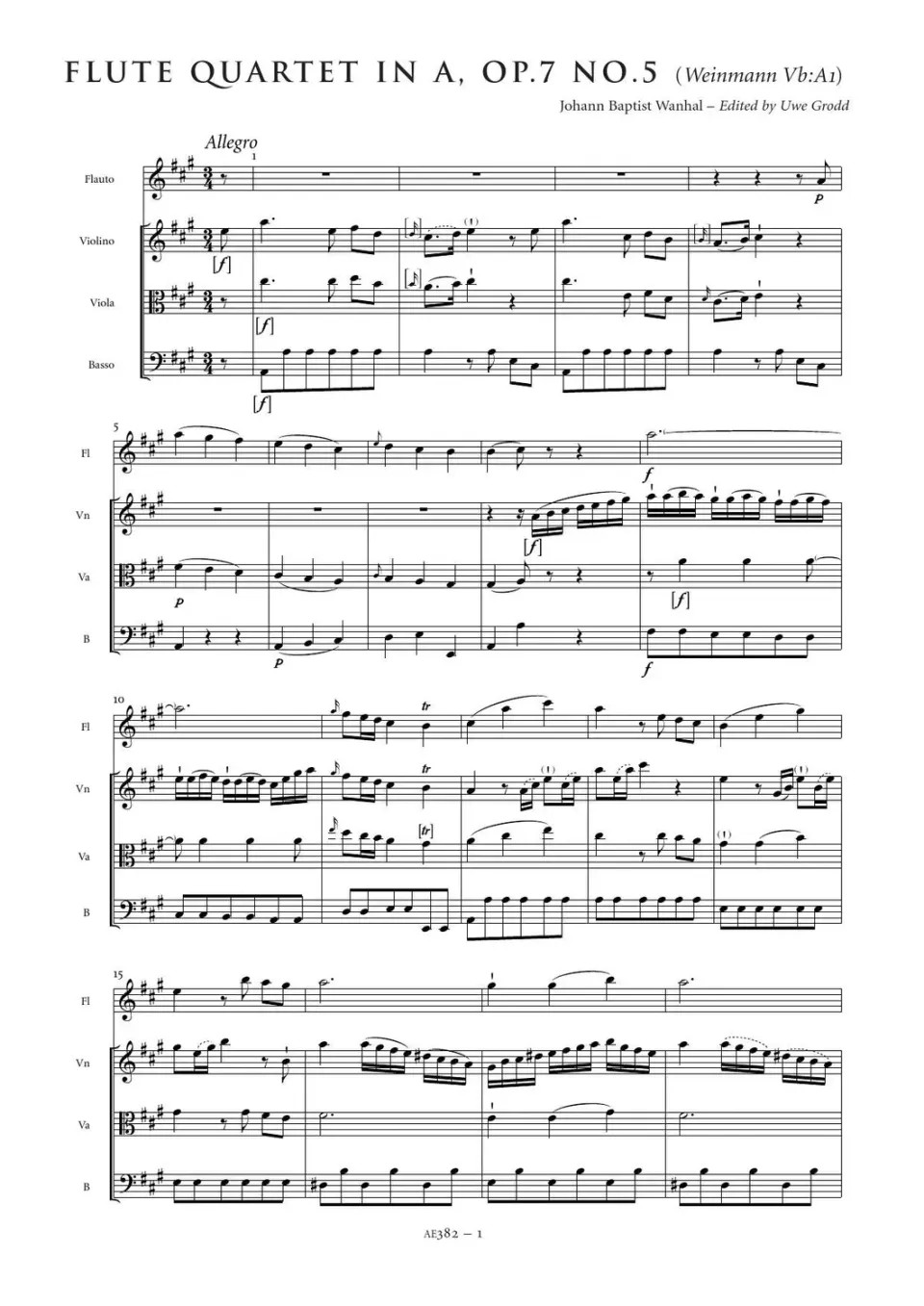 Artaria Wanhal Flötenquartett A-Dur Weinmann A1 AE382 Noten