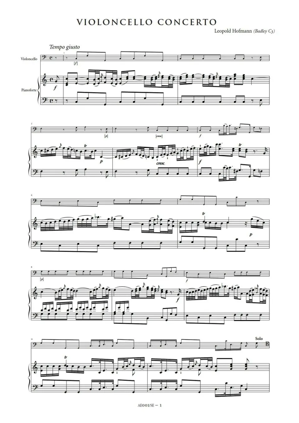 Artaria Hofmann Cello Concerto in C major (Badley C3) Study Edition
