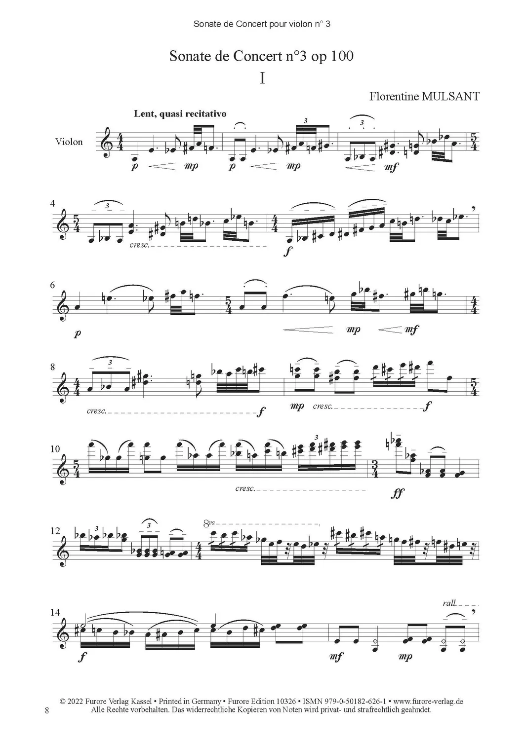 Furore Edition Sonate de Concert pour violon n° 3 op. 100 Noten