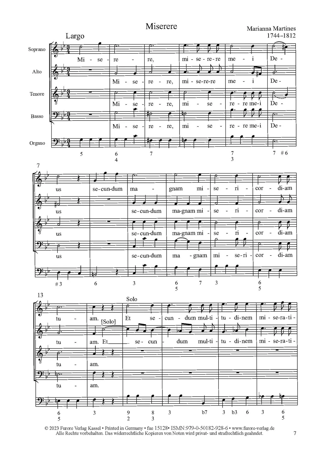 Furore Edition Martines Miserere Partitur Soli Chor Orgel