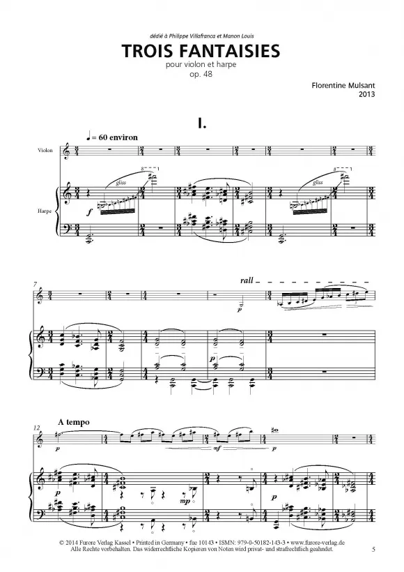 Furore Edition Trois Fantaisies op. 48 Violine Harfe Noten