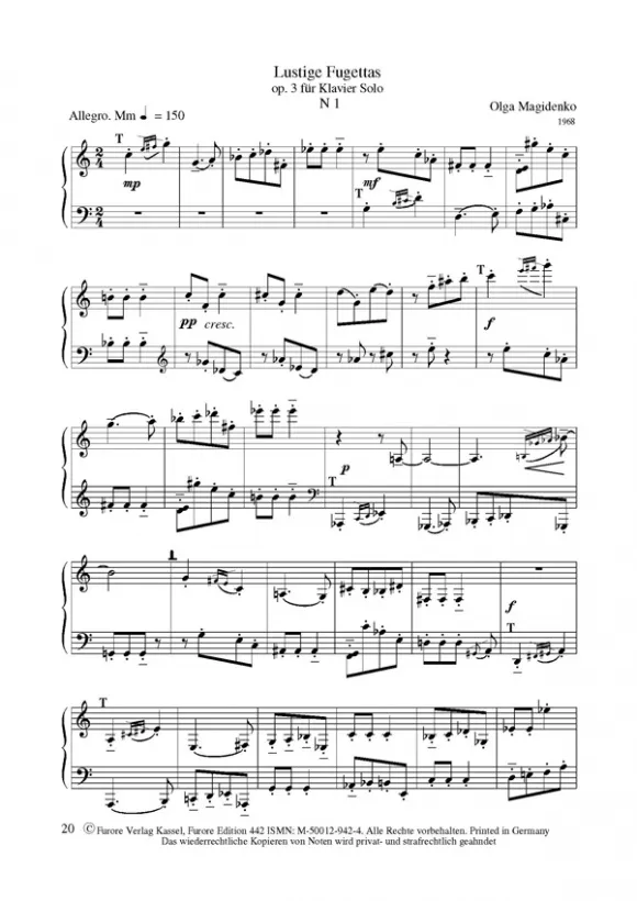Furore Edition Sonate op.2 Fughettas op.3 Klaviernoten 1967