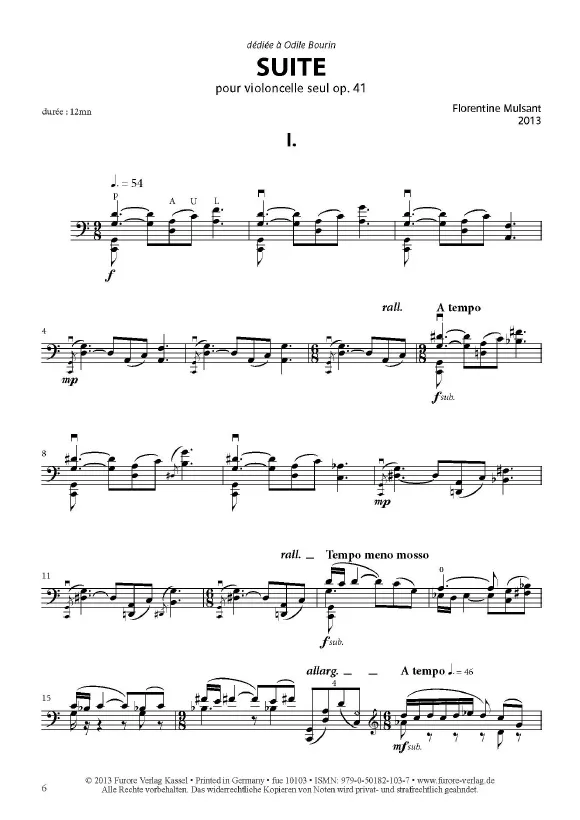 Furore Edition Suite Violoncello solo op. 41 Partitur 12 Min.