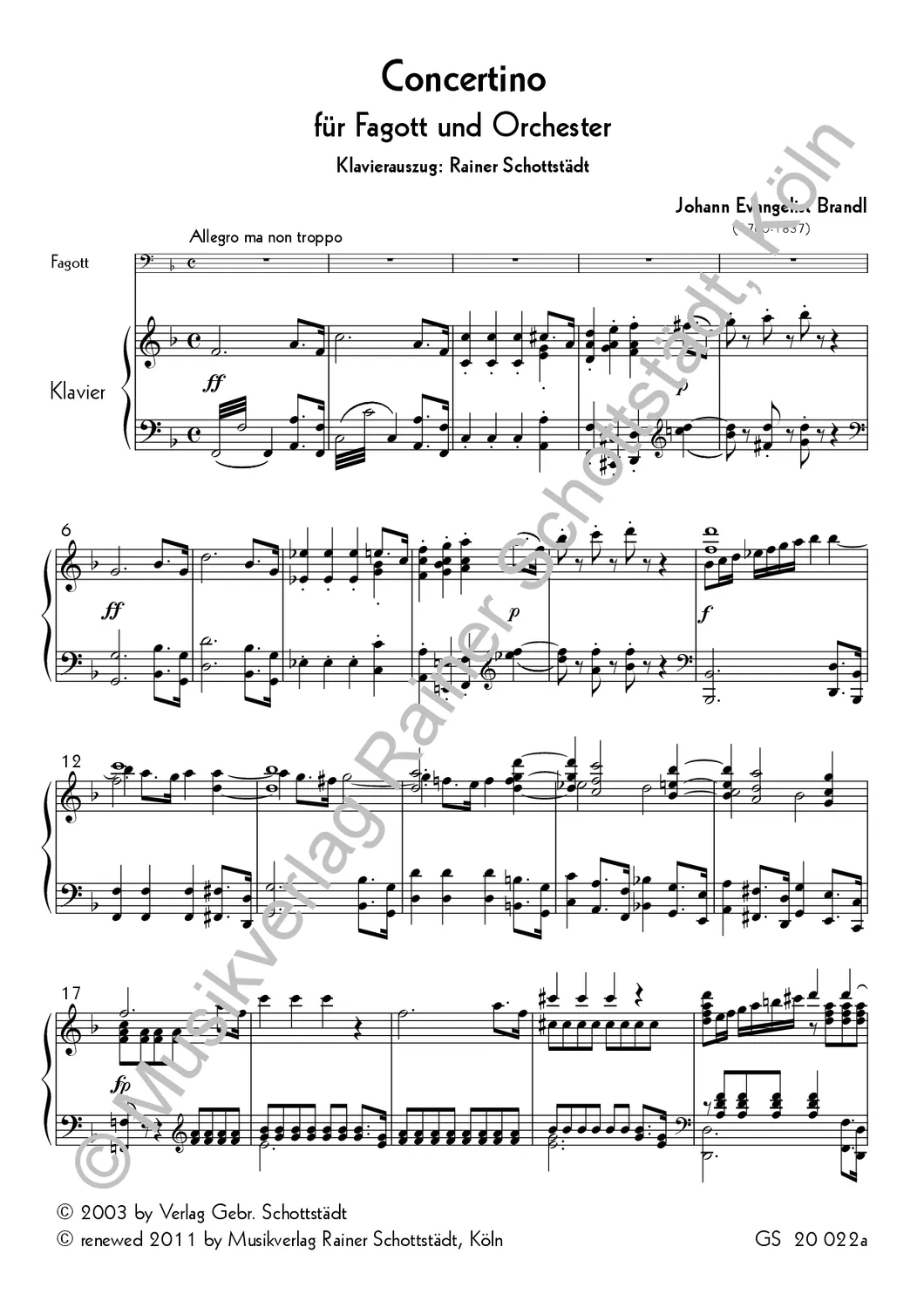 Musikverlag Rainer Schottstädt Concertino F-dur Fagott Klavier Noten