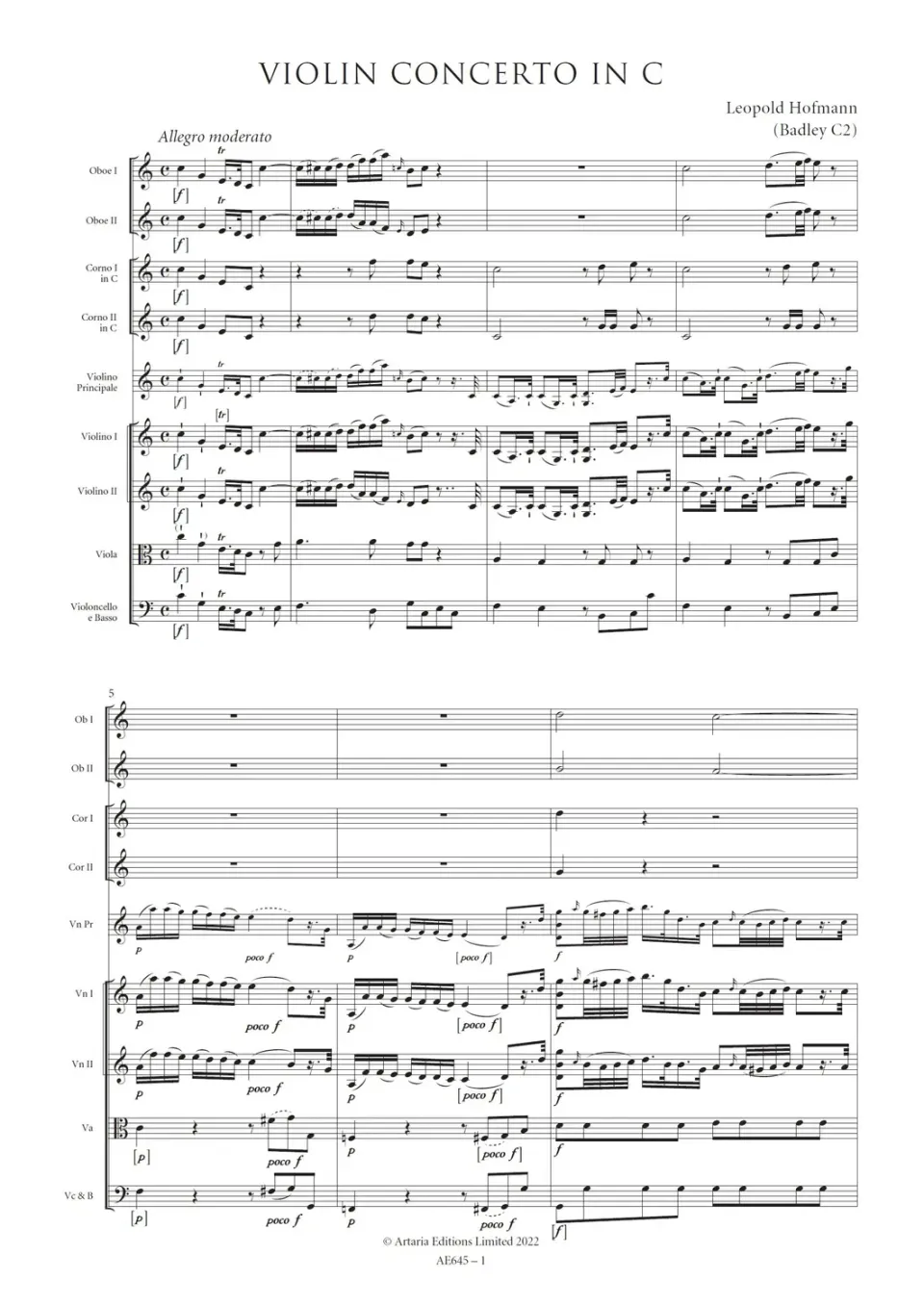 Artaria Hofmann Violinkonzert C-Dur AE645 Partitur