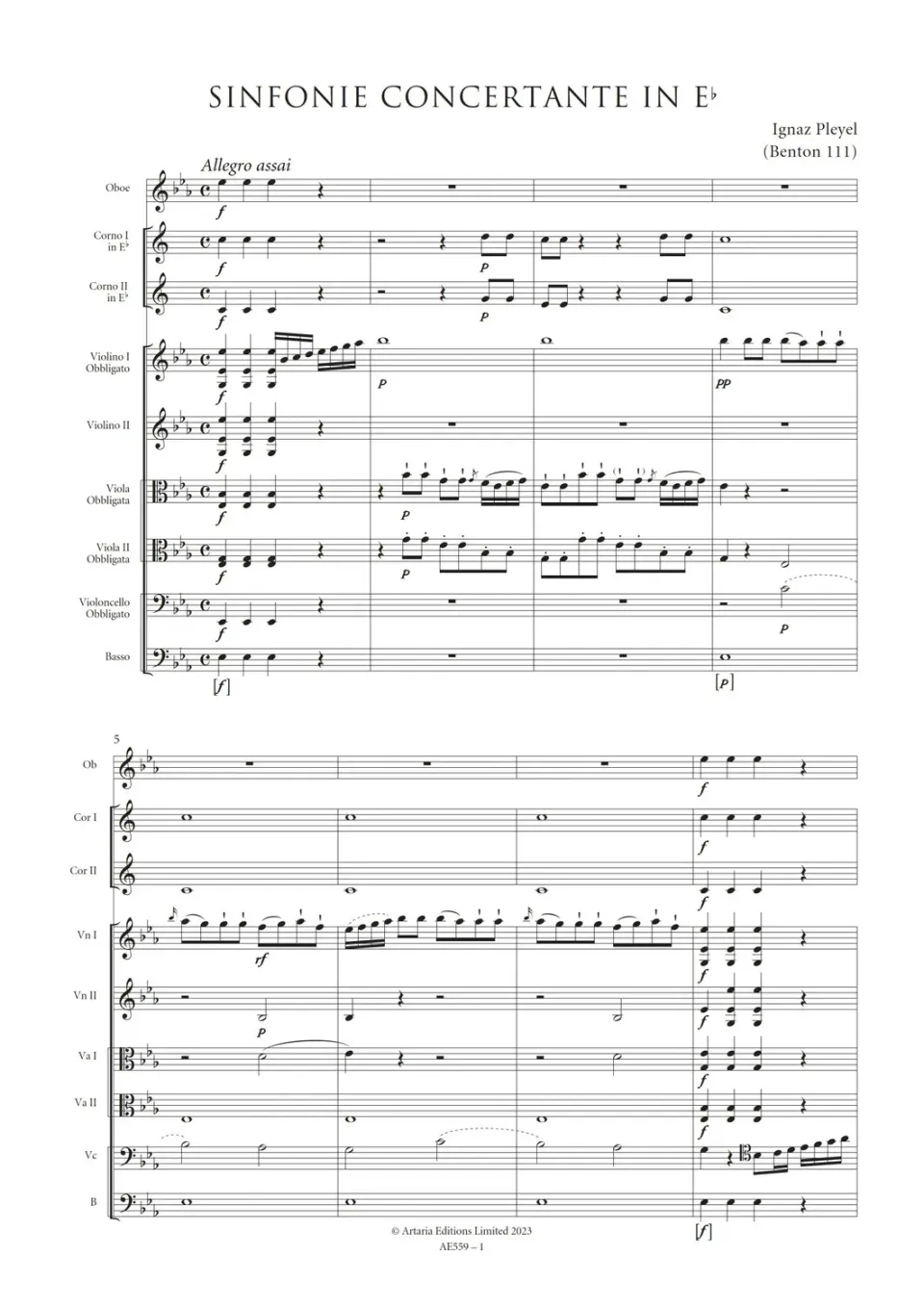 Artaria Pleyel Sinfonia Concertante in Eb (Ben 111)
