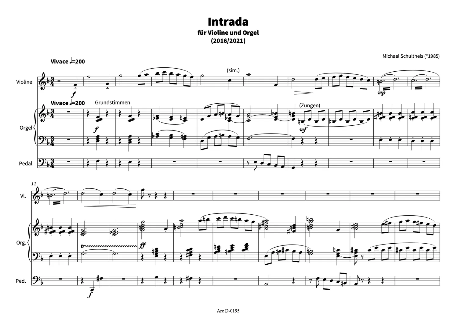 Are Musik Verlag Schultheis Intrada Noten Violine Orgel