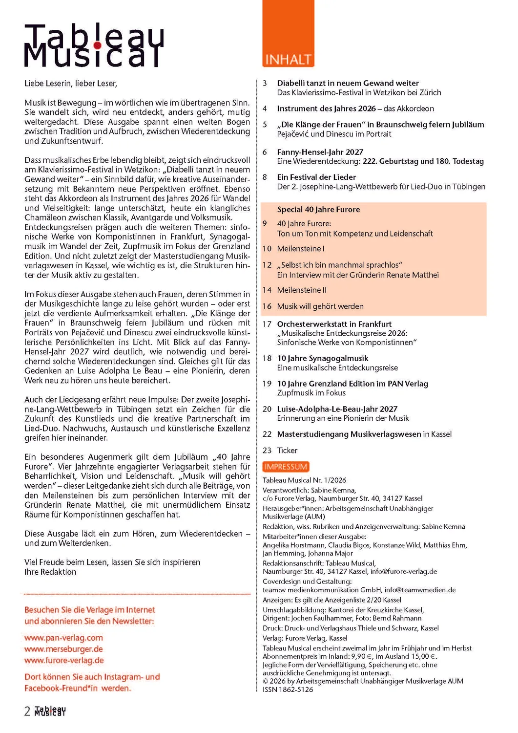 Furore Edition Tableau Musical Ausgabe 42 Zeitschrift