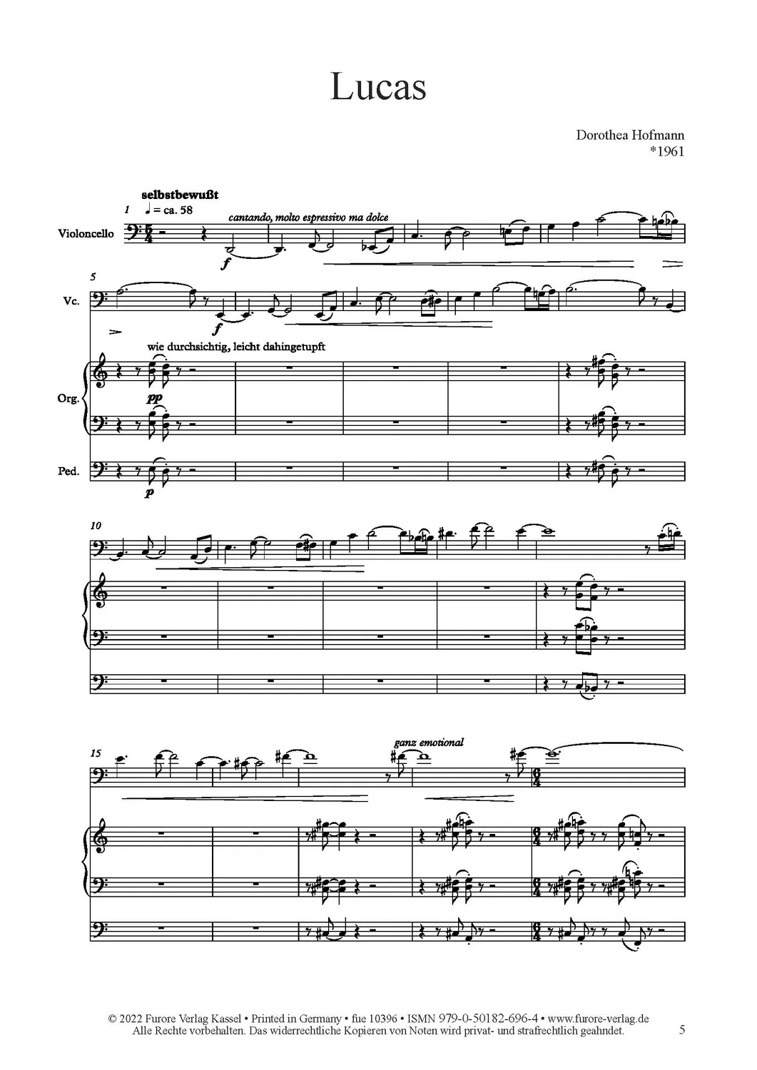 Furore Edition Lucas für Violoncello und Orgel nach Cranach Partitur