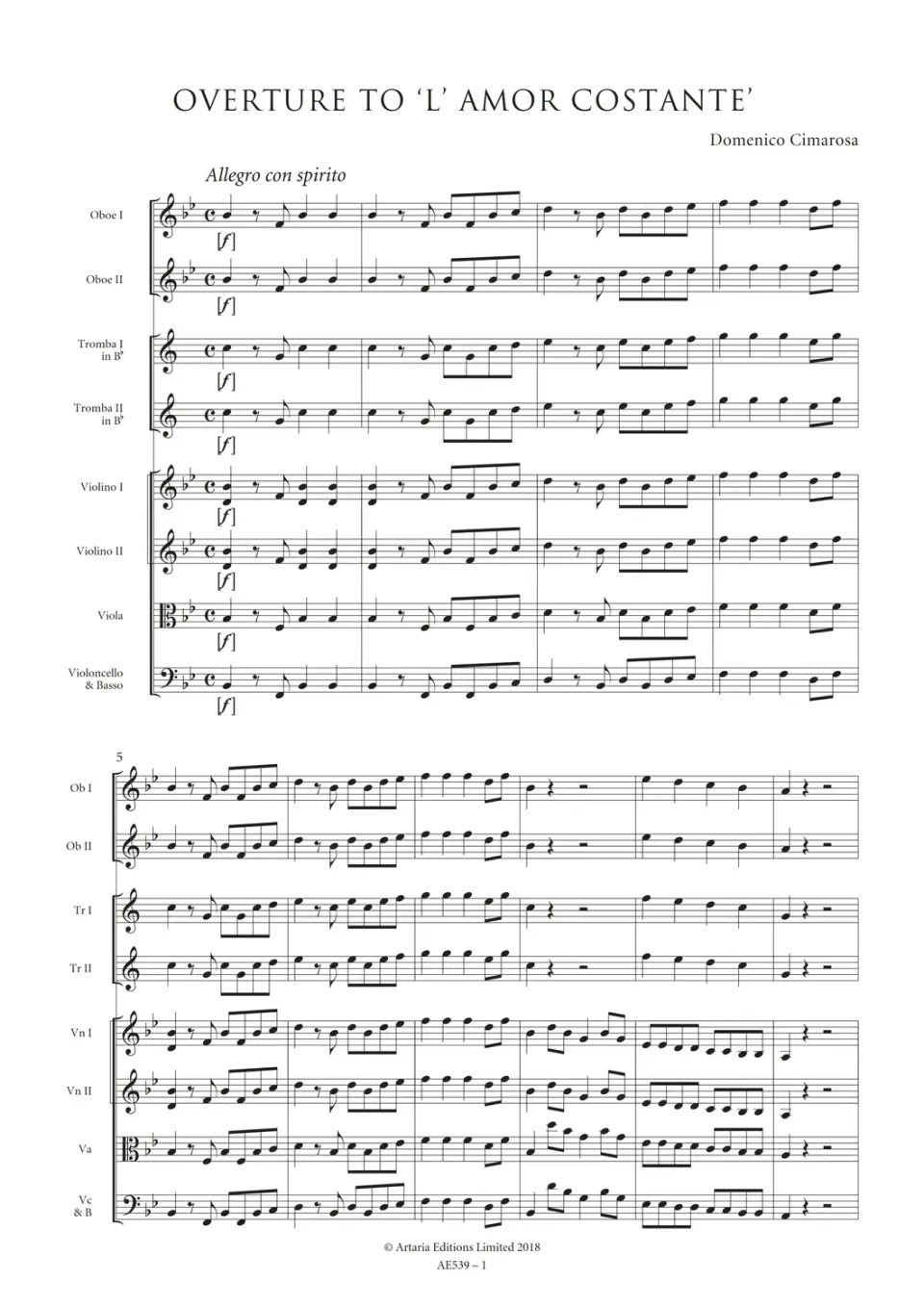 Artaria Overture to L’Amor Costante AE539 Ouvertüre