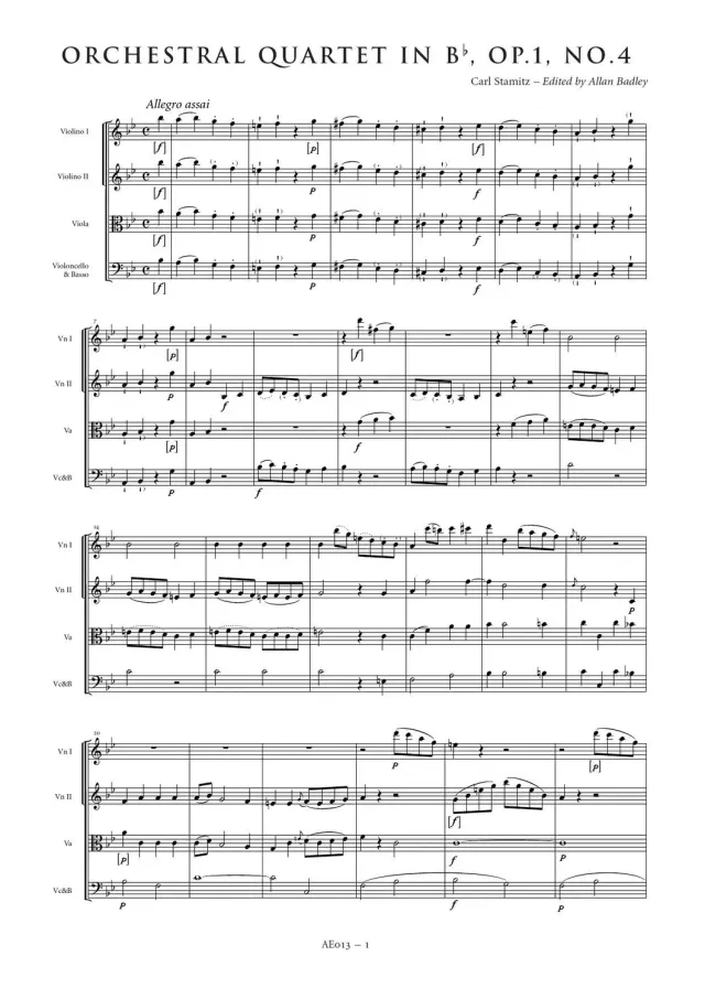 Artaria Stamitz Orchesterquartett B-Dur op. 1 Nr. 4 Noten