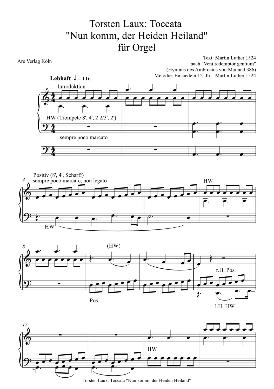 Are Musik Verlag Laux, Torsten: Toccata „Nun komm der Heiden Heiland“ für Orgel Noten