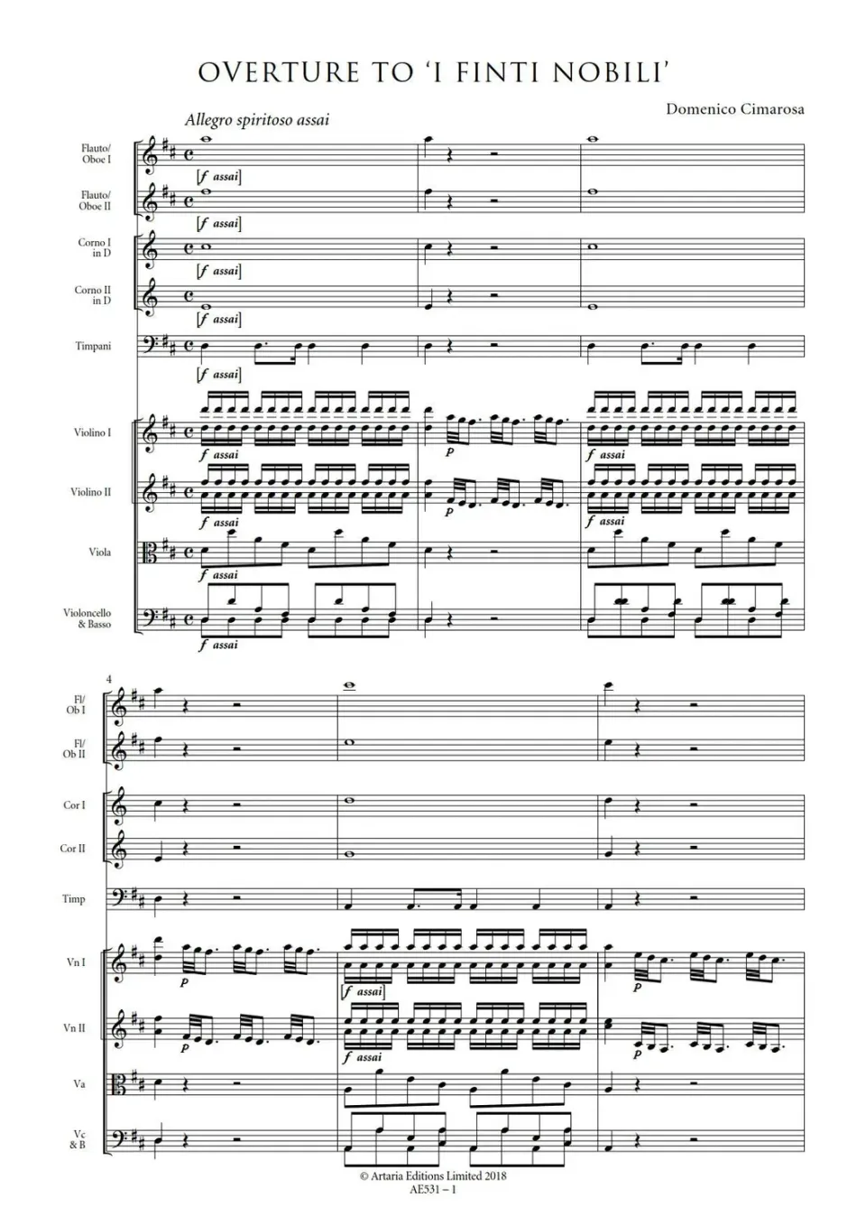 Artaria Cimarosa I Finti Nobili AE531 Ouvertüre Partitur