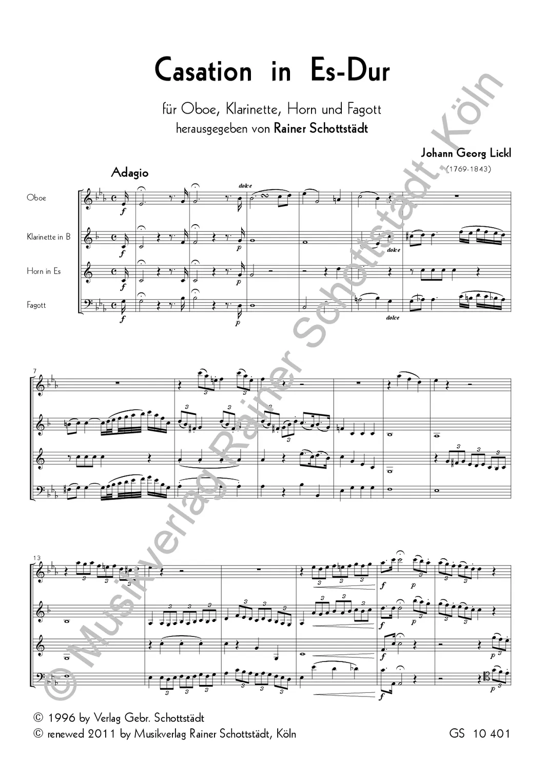 Musikverlag Rainer Schottstädt Casation Es-dur Noten für Bläserquartett