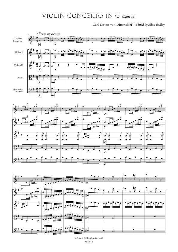 Artaria Dittersdorf Violin Concerto in G major Lane 10 Violinkonzert