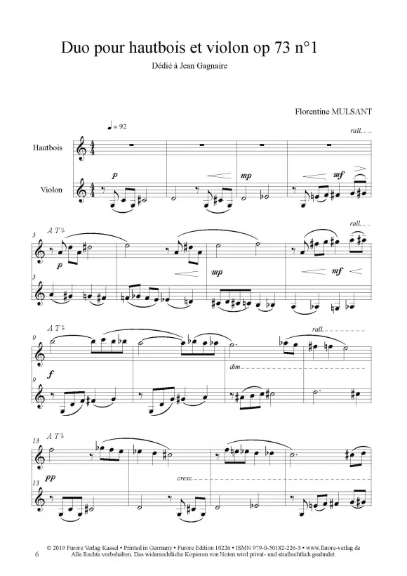 Furore Edition Duo op. 73 Nr. 1 Oboe Violine Noten