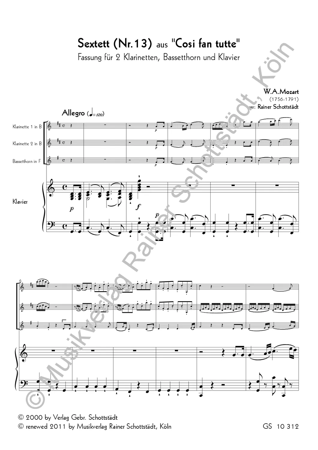 Musikverlag Rainer Schottstädt Sextett Nr.13 Cosi fan tutte Noten