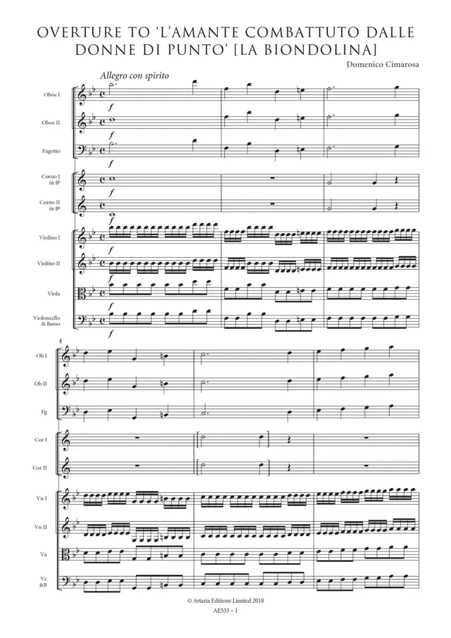 Artaria Cimarosa, Domenico Overture to L' Amante Combattuto Dalle Donne Di Punto [La Biondolina]