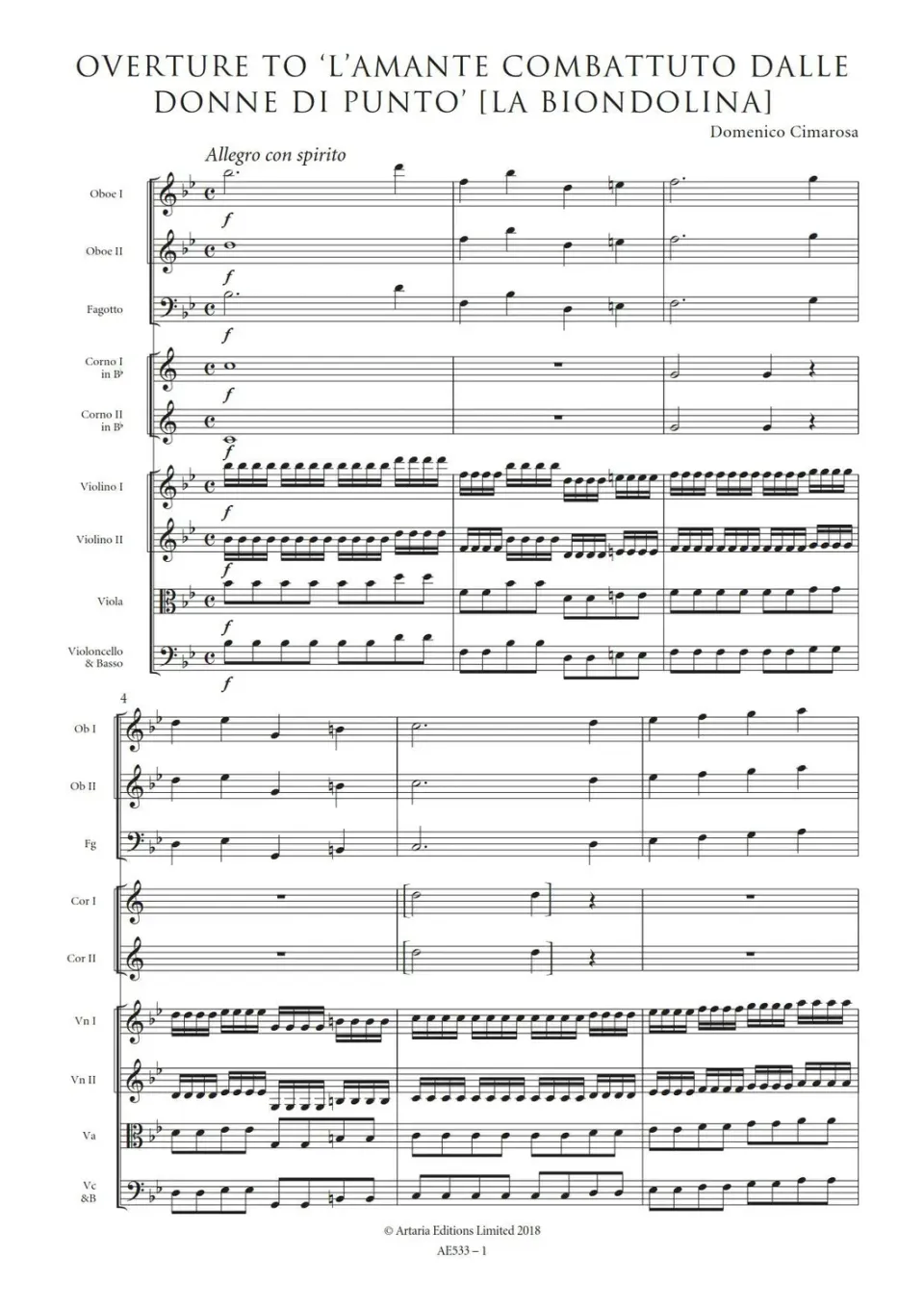 Artaria Cimarosa, Domenico Overture to L' Amante Combattuto Dalle Donne Di Punto [La Biondolina]