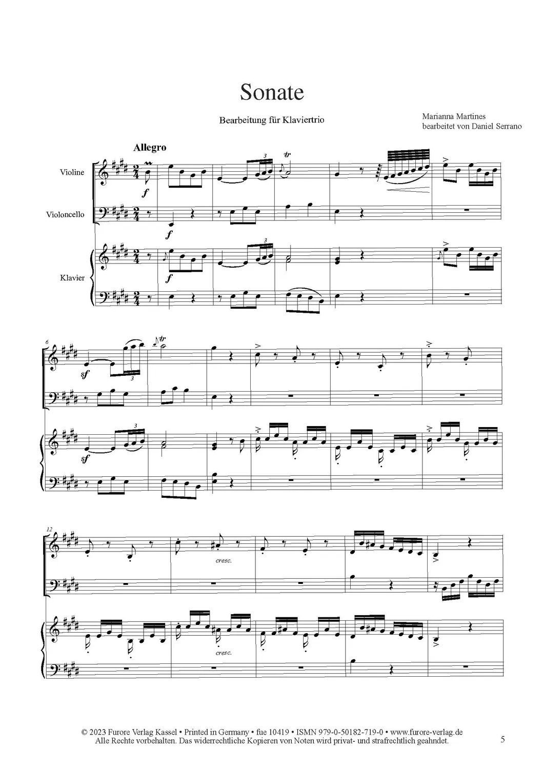 Furore Edition Martines Sonate E-Dur Klaviertrio Noten