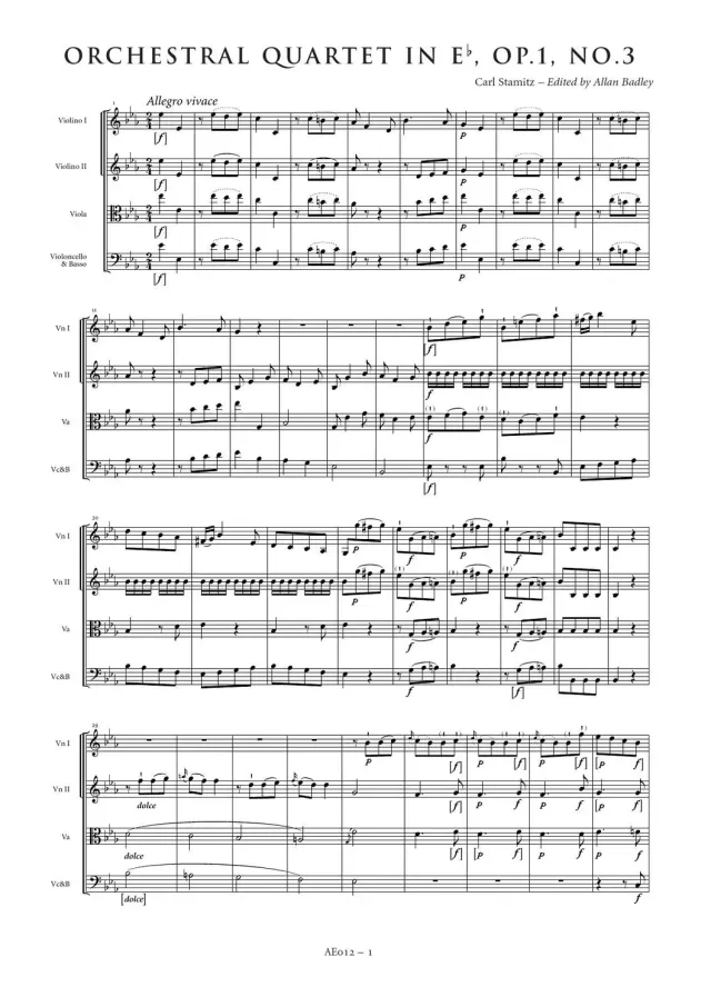 Artaria Stamitz Orchesterquartett Es-Dur op. 1 Nr. 3 Noten Streicher
