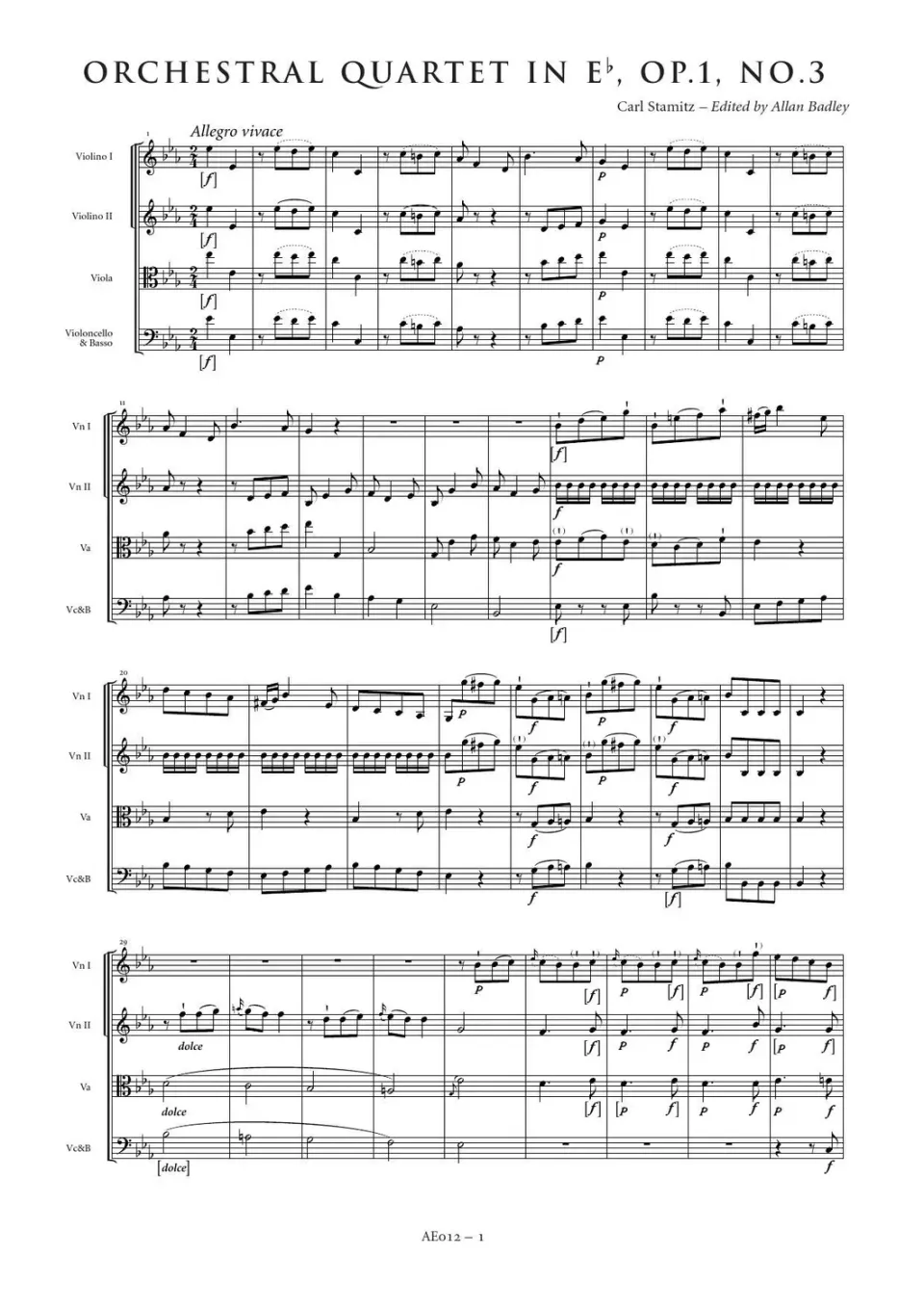 Artaria Stamitz Orchesterquartett Es-Dur op. 1 Nr. 3 Noten Streicher