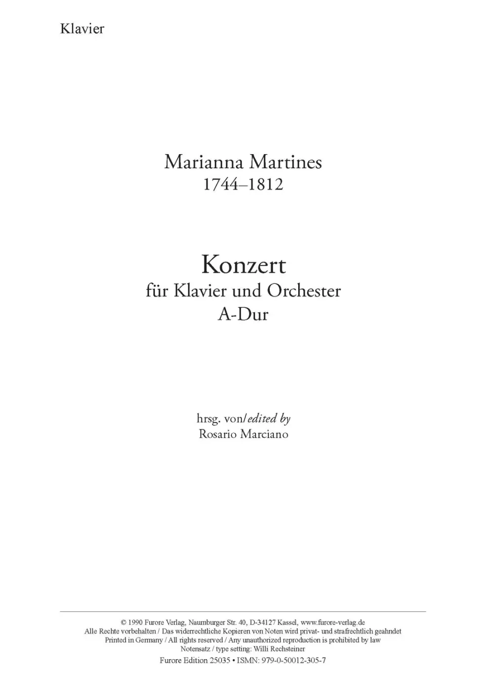 Furore Edition Marianna Martines Concerto A-Dur Klavierauszug schwer