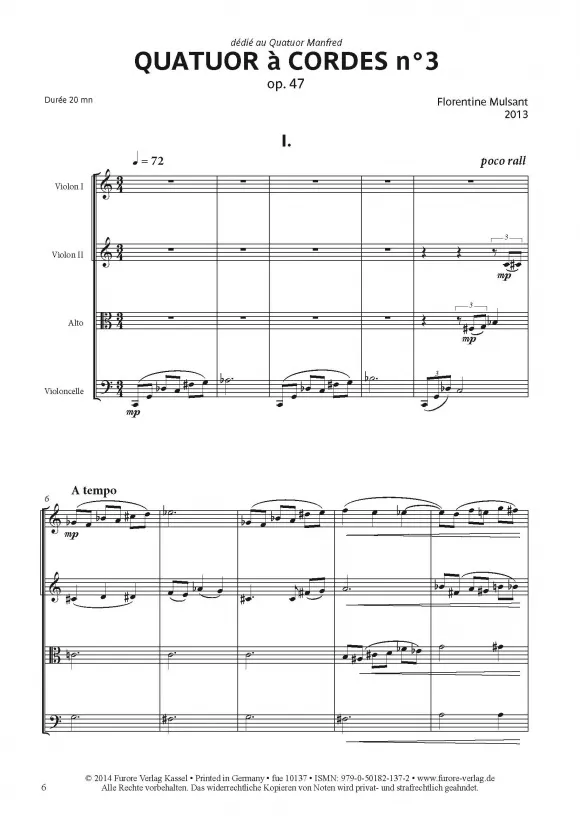 Furore Edition Mulsant Quator à Cordes No 3 op 47 Quartett Noten